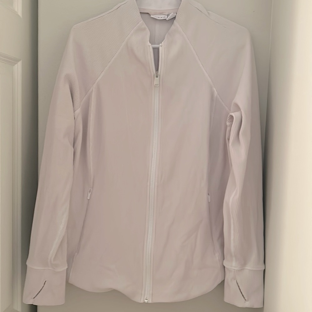 Athleta brand white ribbed track jacket. Women’s size 1X
